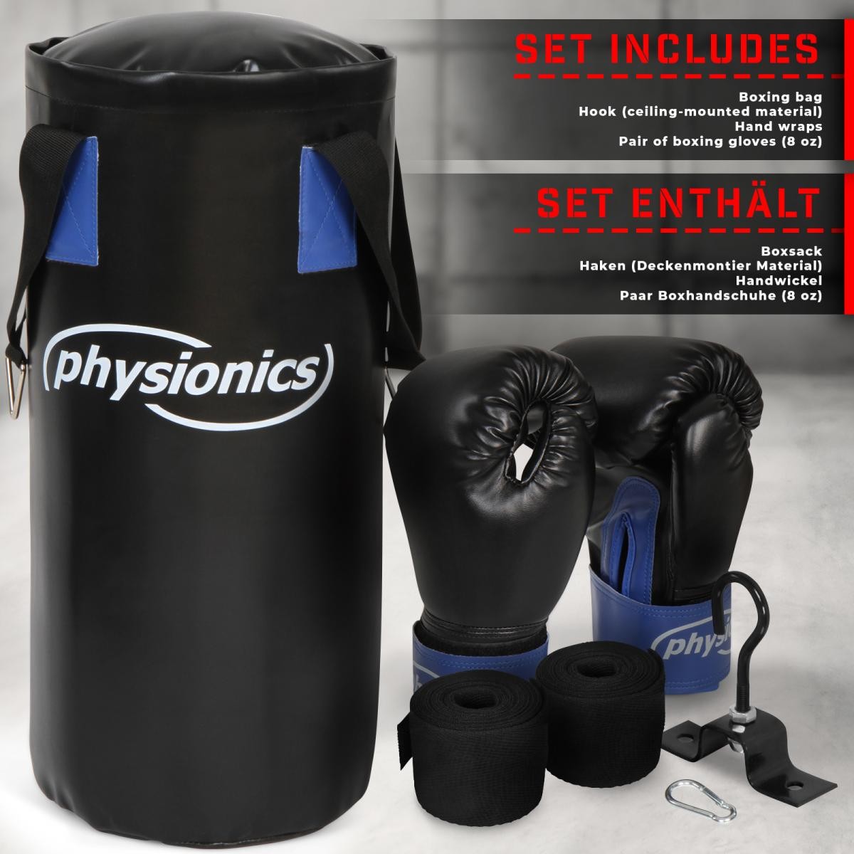 Set de boxeo Saco de boxeo relleno 10kg + soporte + guantes + Vendaje saco  de
