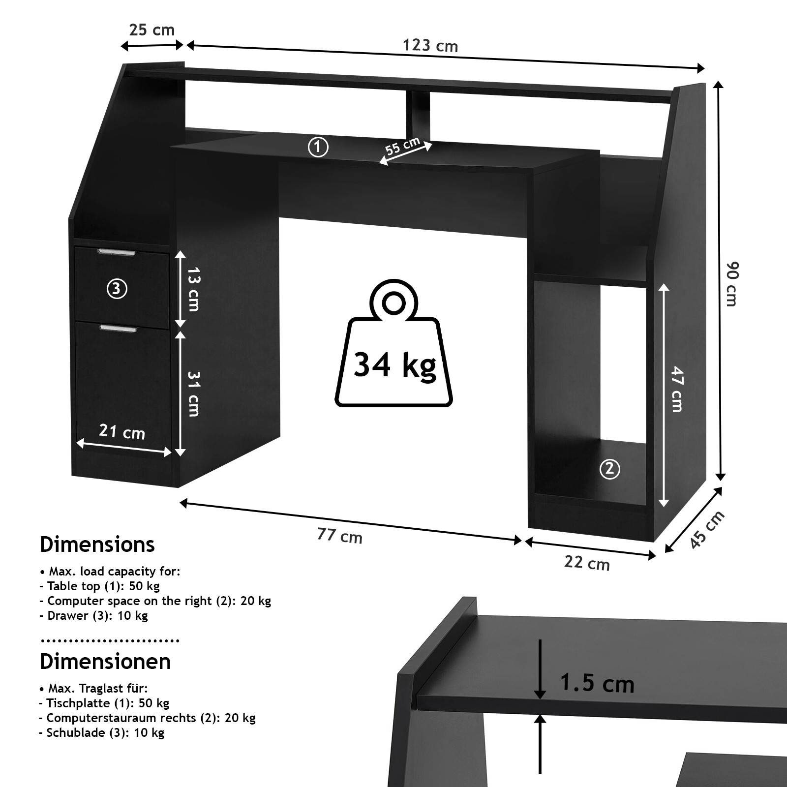 Miadomodo - Escritorio para computadora con cajones - espacio de  almacenamiento - Escritorio de oficina MDF - Negro - 123 x 55 x 90 cm