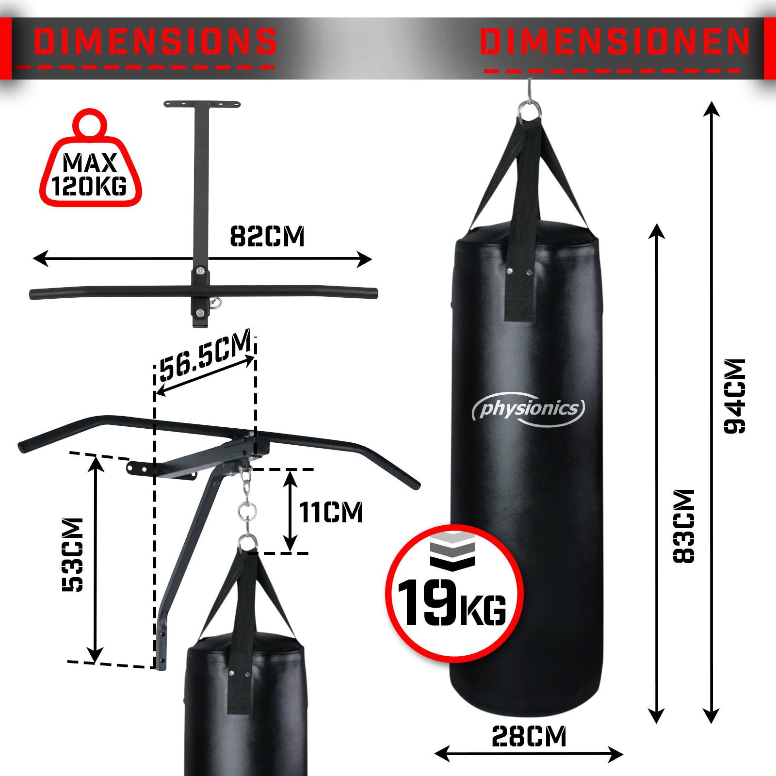 Physionics - Chin Up Bar - Conjunto Saco de Pancadas - Aço Inox