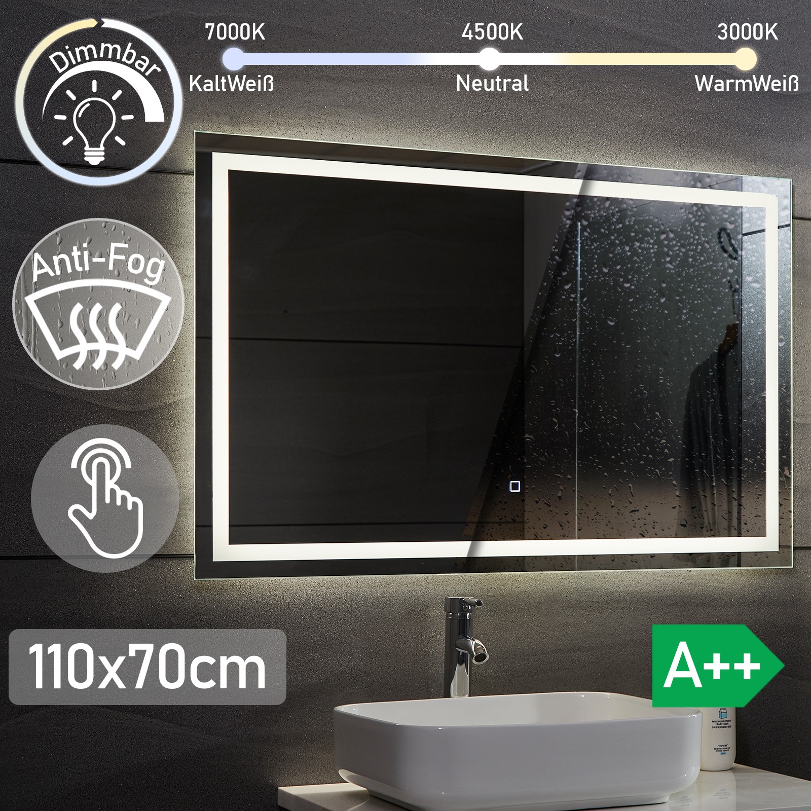 Aquamarin - LED bathroom mirror - Anti-fog function - Touch sensor - 3 LED  colors - 110 x 70 cm. 