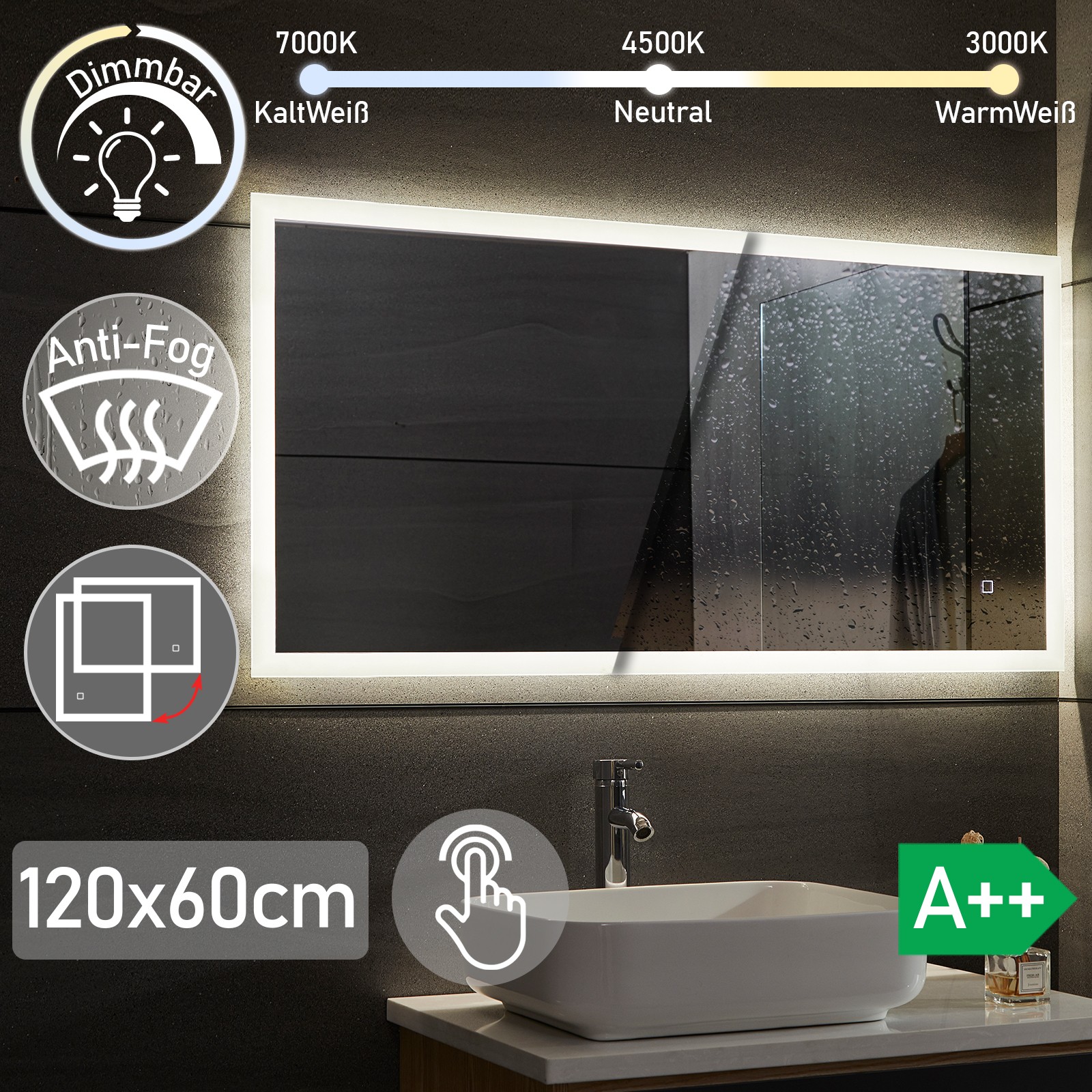 Aquamarin - Espejo de Baño LED - Horizontal/Vertical - Regulable - 120 x 60  cm. - Tienda online-outlet.nl