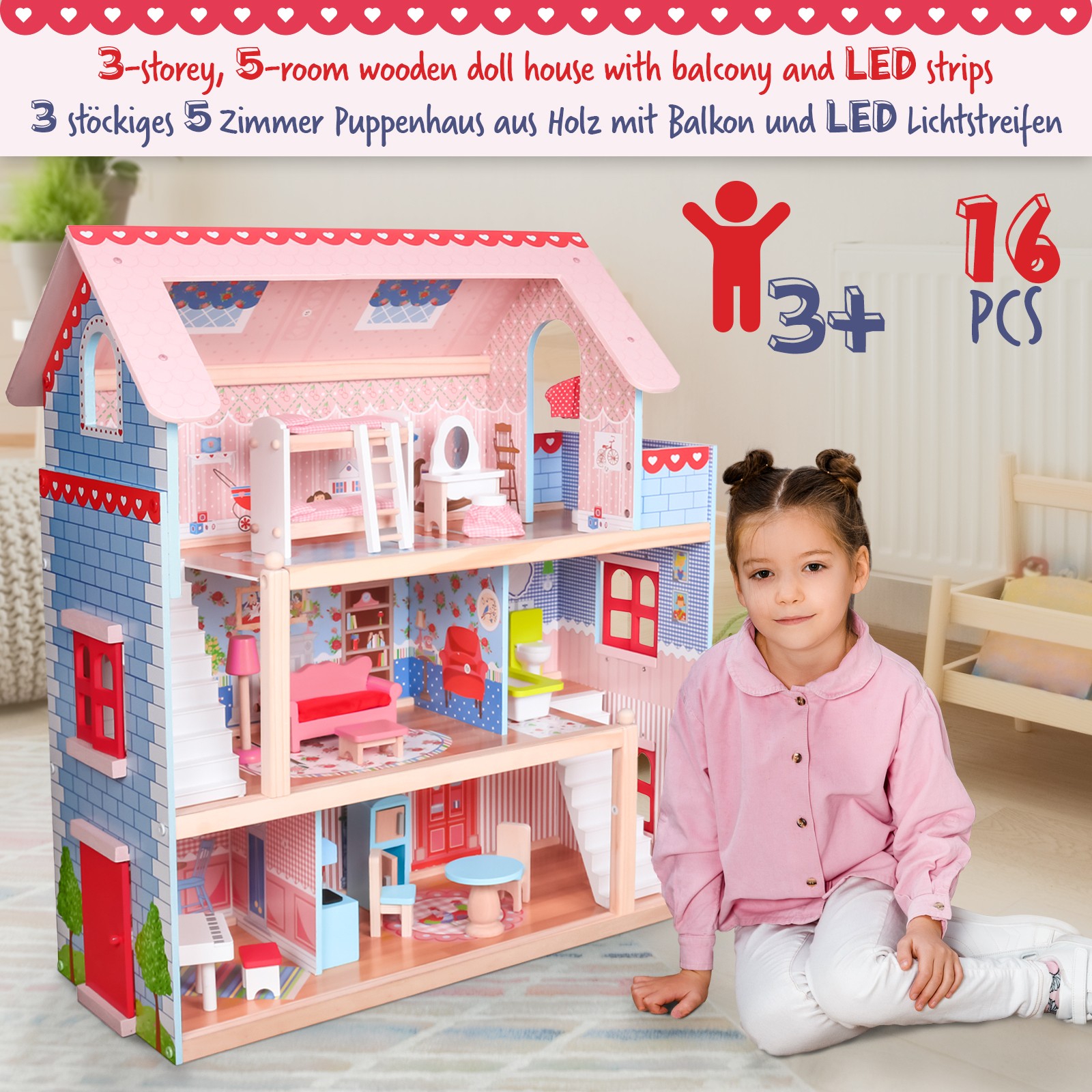 Infantastic - Puppenhaus aus Holz XXL - LED-Beleuchtung - 3 Spielebenen -  Inklusive Möbel - Puppenvilla für Kinder - 61 x 71 x 33 cm. 