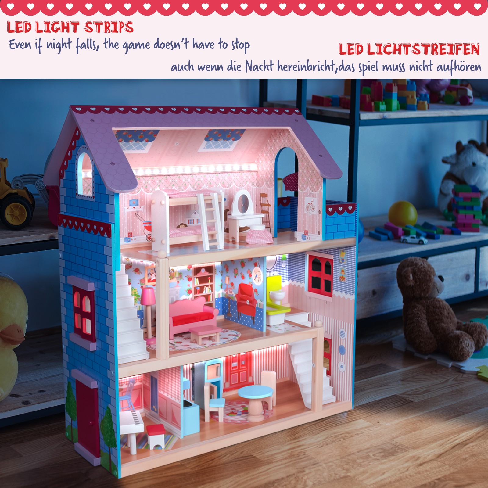 Puppenhaus LED Beleuchtung A92 Großes XXL Kinder Puppen Spiel Haus Set aus  Holz