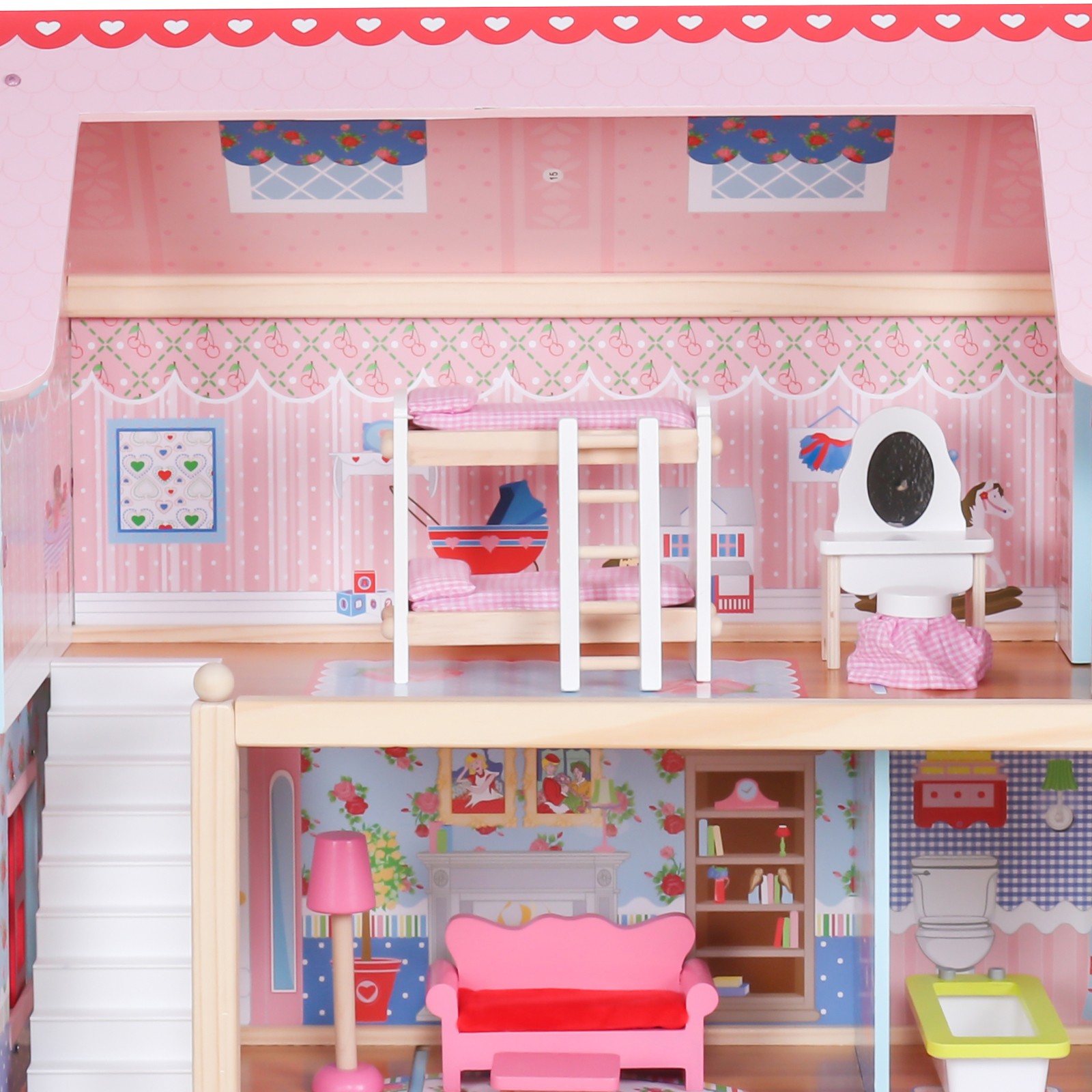 Infantastic - Maison de poupée en bois XXL - Éclairage LED - 3 niveaux de  jeu - Meubles inclus - Villa de poupée pour enfants - 61 x 71 x 33 cm. 