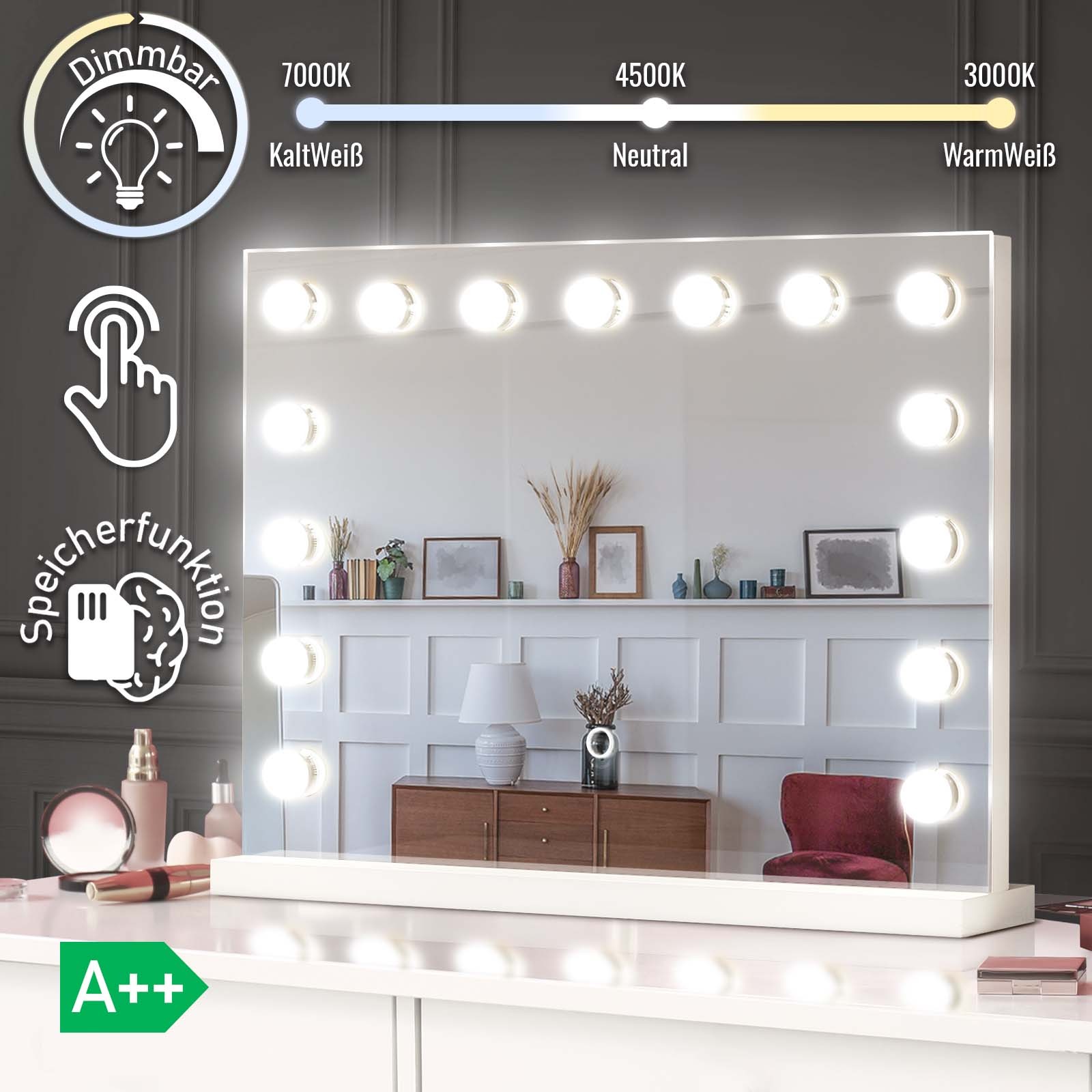 Aquamarin® Hollywood Mirror with Lighting, 3 Light Colours, Dimmable,  Touch, 15 LED Lights, 58 x 43 cm, Wall Table Mirror, Cosmetic Mirror,  Theatre