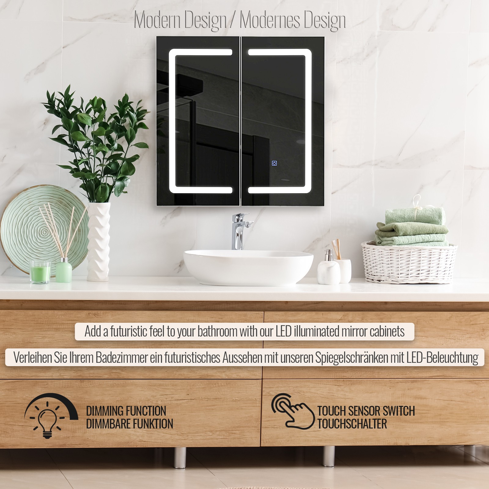 aquamarin - badezimmerspiegelschrank - 2 türen - led-beleuchtung -  touch-schalter - weiß - 65 x 65 x 13 cm
