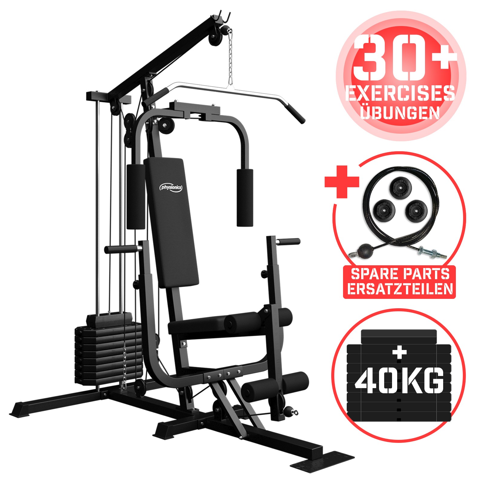 Physionics - Station de fitness - Banc de musculation - Réglable - Gym à  domicile - 40 KG - 153 x 119 x 203 cm 